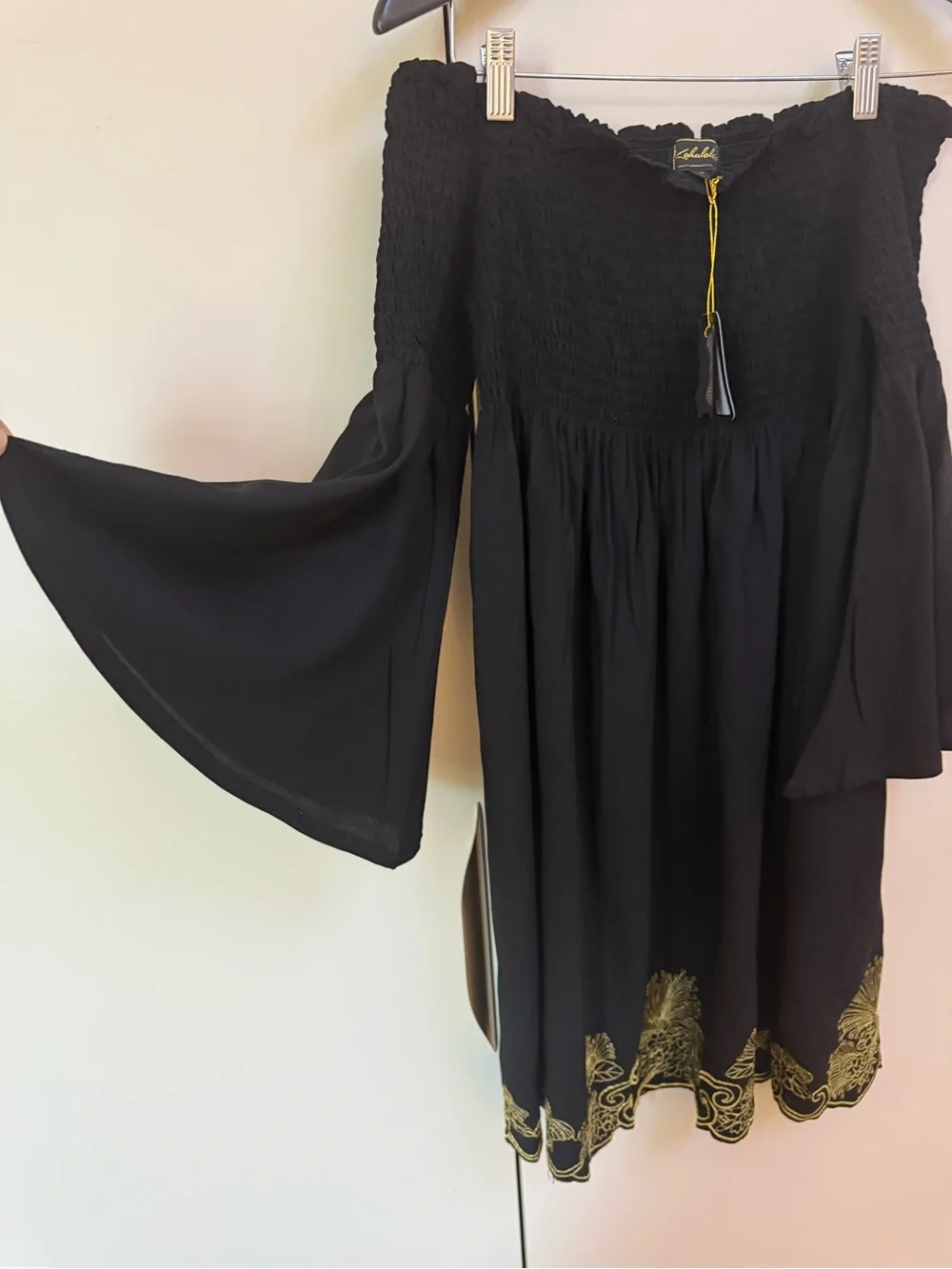 NWT Kahulalea Aulia Off Shoulder Black Gold Embroidered Dress M - Picture 2 of 7